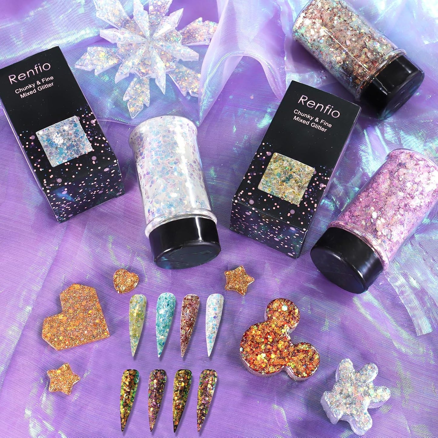 Renfio Opal Chunky Glitter, 1.75oz/50g Purple Glitter, Dreamy High Sparkle Glitter for Crafts Holographic Fine Glitter Mix Iridescent Glitters Flake for Nails Art Hair DIY Snow Globe - Lilac Asterism