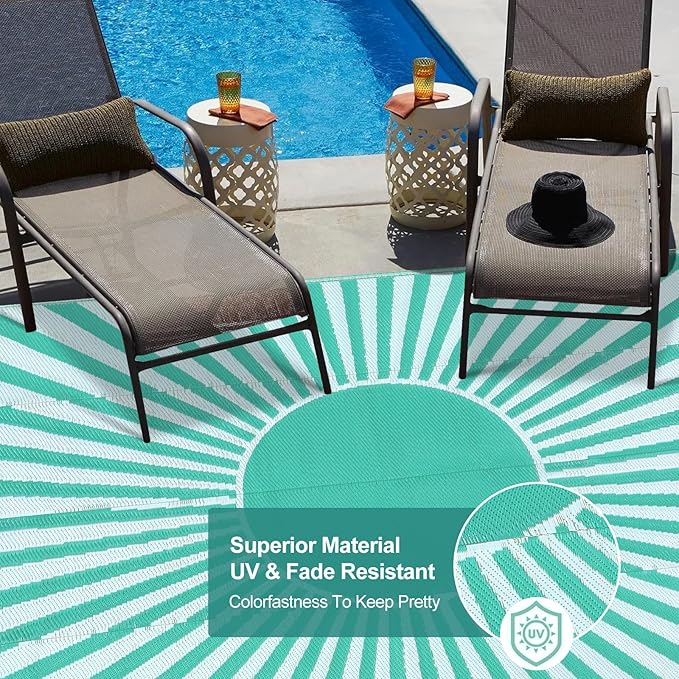Wonnitar 8x10 Outdoor Rug Waterproof - Large Reversible Patio Rugs, Lightweight Plastic Straw Patios Mat for RV, Portable Outdoor Camping Carpet for Deck Picnic (Blue-Green, 8'x10')