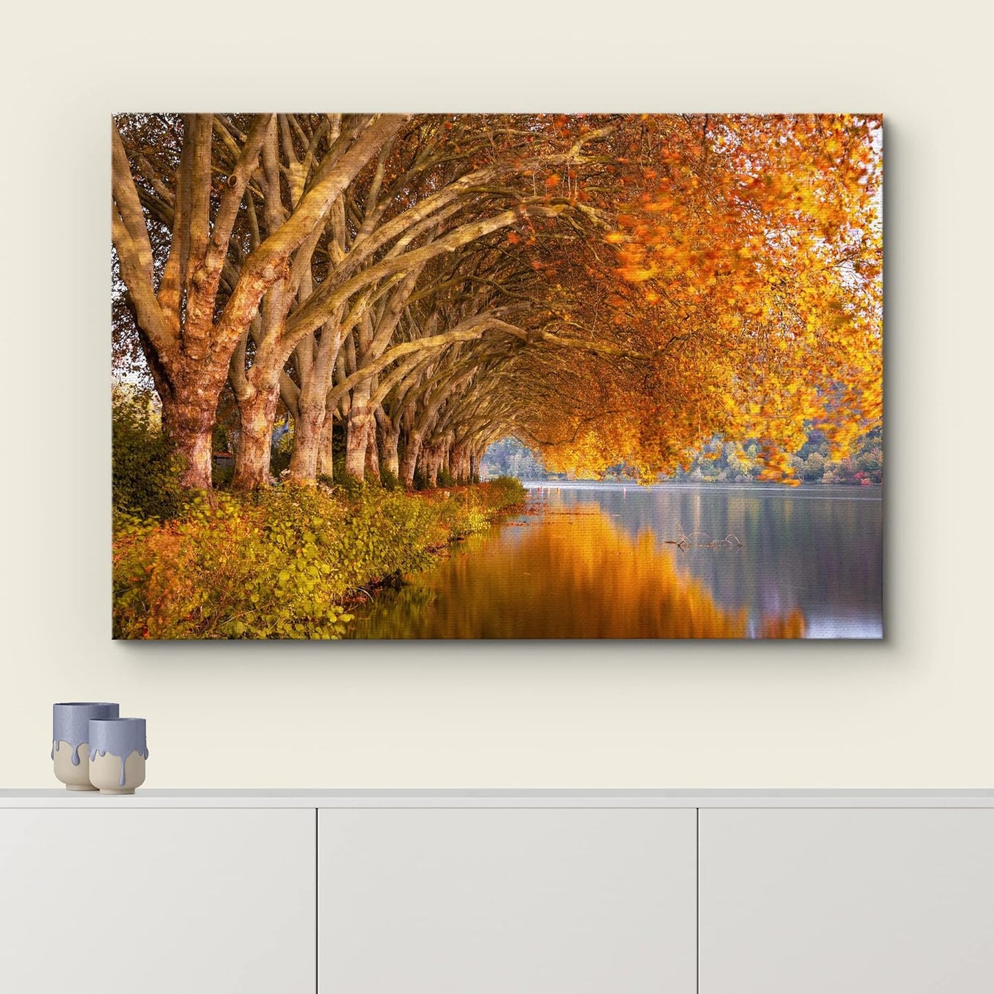 wall26 Canvas Print Wall Art Autumn Fall Orange Leaf Forest Lake Nature Wilderness Photography Realism Earth Scenery Rustic Scenic Landscape Colorful for Living Room, Bedroom, Office - 16"x24"