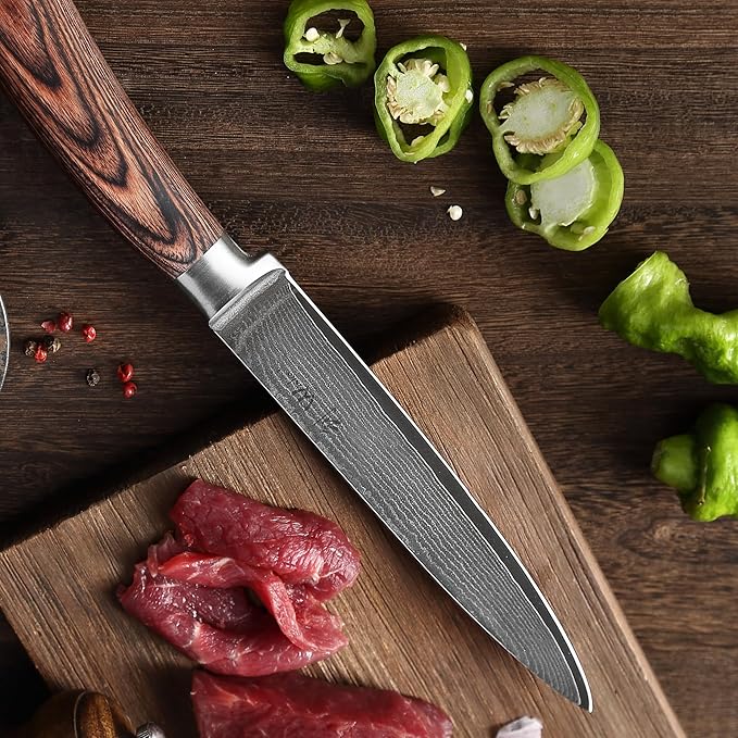Wakoli EDIB Damascus Meat Knife – 7-Inch Japanese Style Kitchen Knife for Meat, BBQ & Roasts | Genuine 67-Layer Damascus Steel Blade with VG10 Core | Ergonomic Pakkawood Handle | Premium Knife