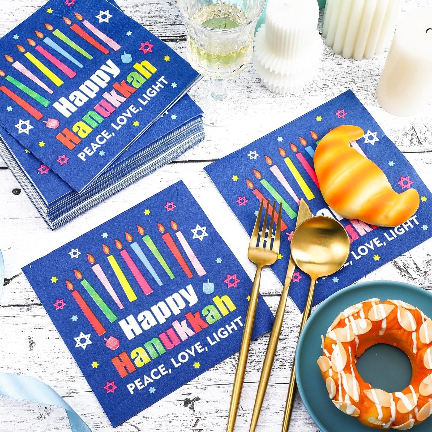 60 Pcs Happy Hanukkah Cocktail Paper Napkins 6.5 x 6.5 Inches Disposable Paper Napkins Dessert Beverage Napkin for Decoupage Luncheon Napkin for Party Wedding Birthday Party