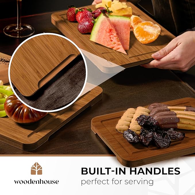 Wood Cutting Boards Set of 3 – Thick & Sturdy Bamboo Cutting Board with Deep Juice Grooves & Build-in Handles, Large Surface, Easy to Clean – for Meat, Vegetables and Fruits