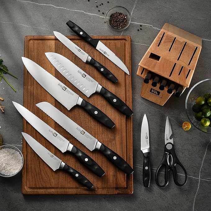 Klaus Meyer 15 Pieces Knife Block Set, High Carbon German Stainless Steel Forged Sharp Blade Knife Set With Block, Dishwasher Safe Cutlery