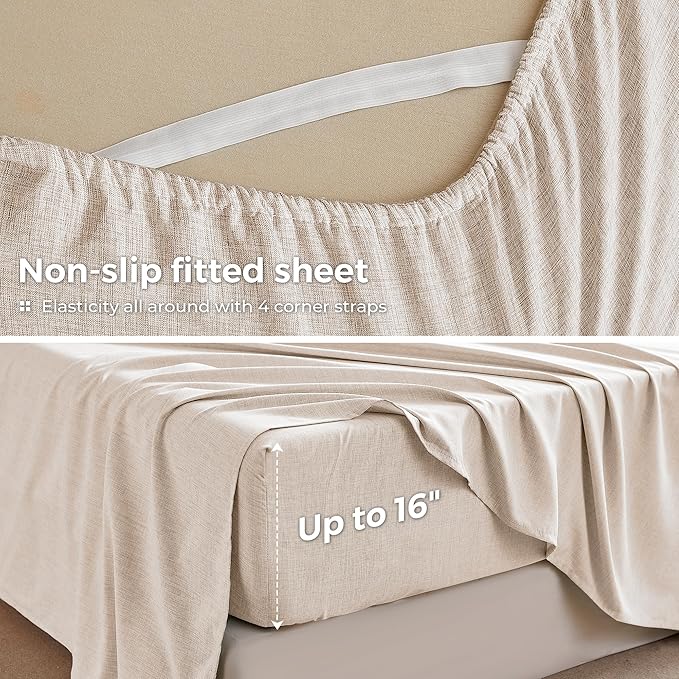 King Sheets Brown, Ultral Soft Cationic Linen Look Sheets, Luxury Cooling Cozy Bed Sheet Set with Non-Slip Fitted Sheet