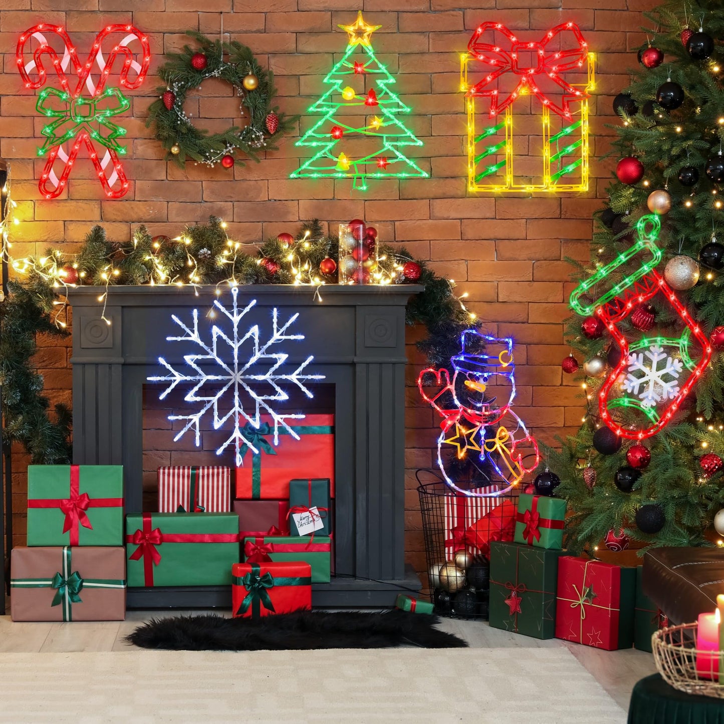16 Christmas Window Silhouette Lights - 6 Pack Colour Lighted Snowflake  Gift Box  Christmas Tree  Christmas Stocking  Snowman  Candy Cane For Holiday Indoor And Outdoor Wall Door Window Decorate