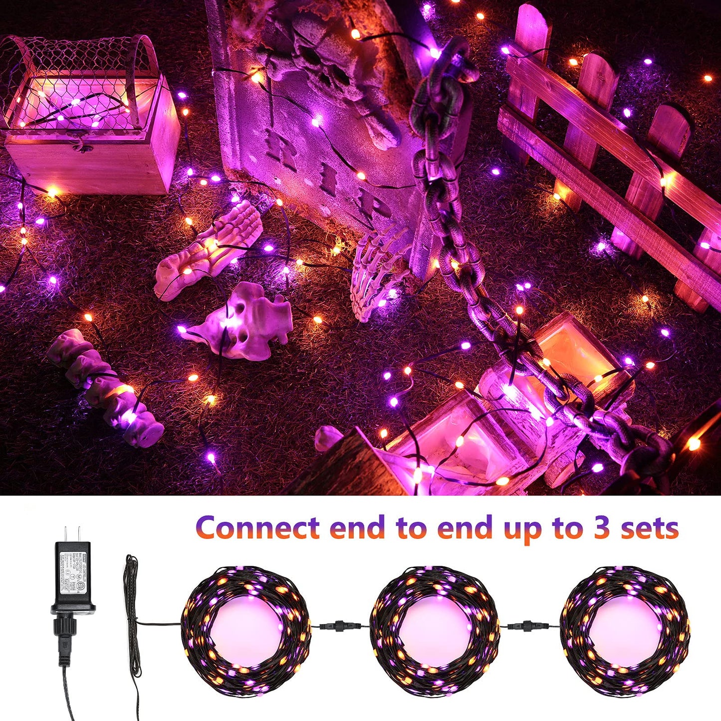 Brizled Orange & Purple Halloween String Lights - 72Ft 200 Led Outdoor Connectable  8 Modes  Indoor Tree Black Wire For Party Haunted House Decor