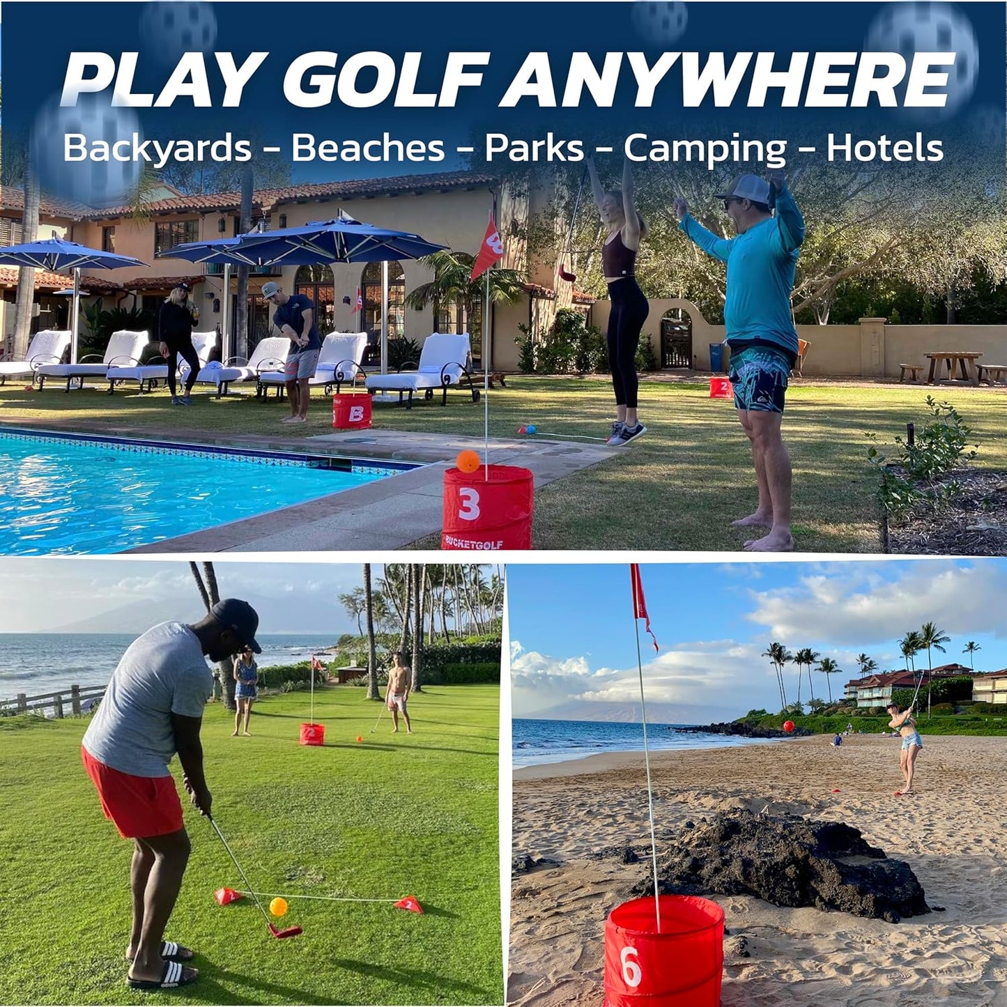 bucketgolf Game 3 Hole Starter Set - New Outdoor Yard Golf Game Levels Family, Adults, Kids, Party, Lawn, Camping, Beach