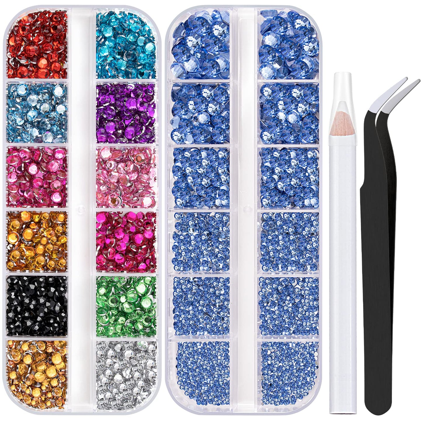 Two Packs of Flatback Rhinestones 4520 Pcs Colorful Nail Art Rhinestones Flatback Crystal Colorful+Sky Blue Rhinestone with Pick