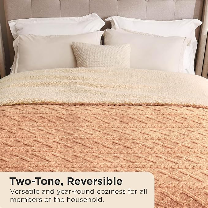 Bedsure Sherpa Queen Size Blanket for Bed - GentleSoft Fleece Fluffy & Cozy Cable Jacquard Tufted for Women Gift, Thick and Warm Blankets for Winter, Light Brown, 90x90 Inches