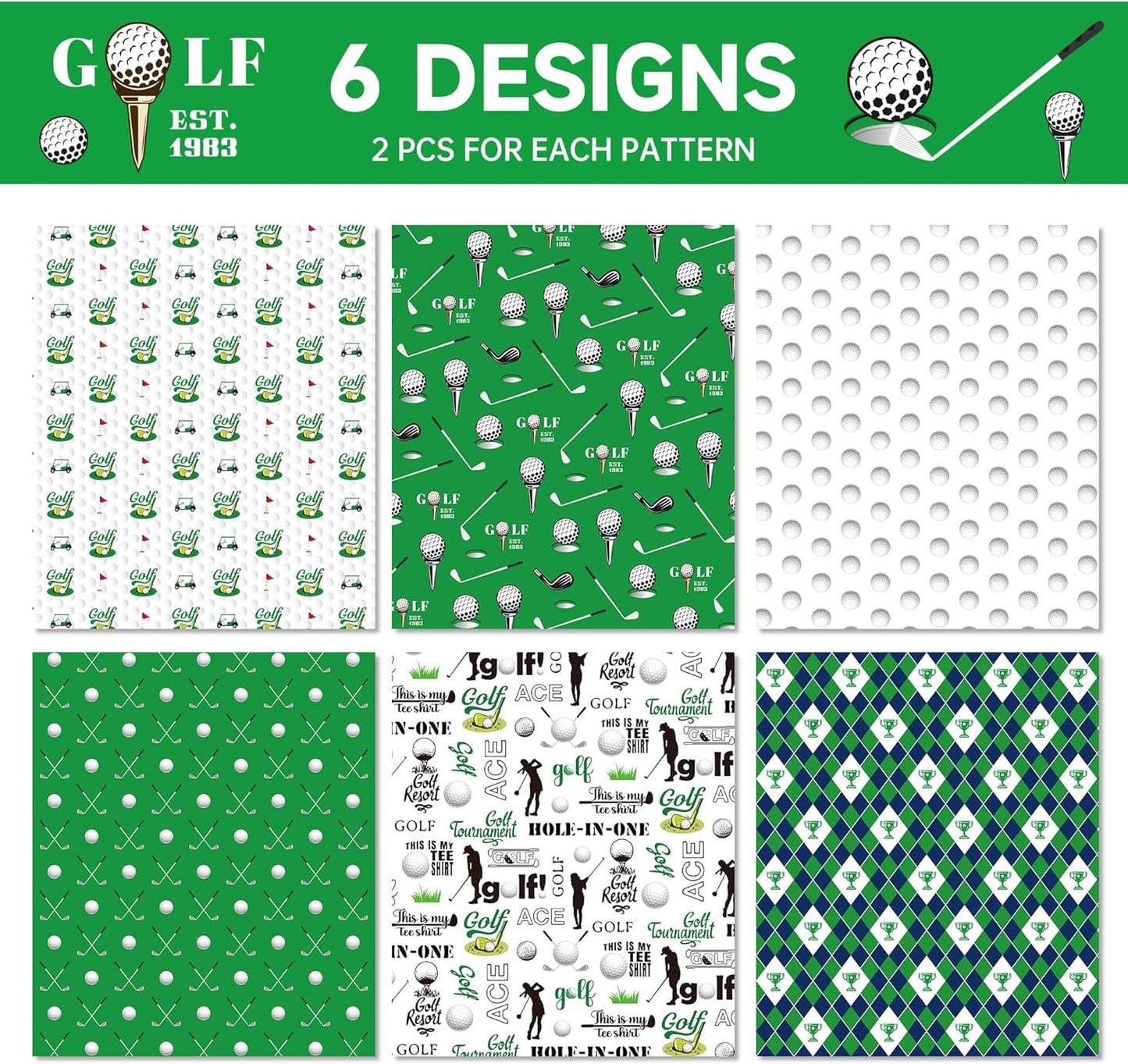 Golf Wrapping Paper Set, 12 Sheets Golf Patterns Gift Wrap Paper Golf Clubs, Balls, Carts, and Green Argyle Designs Theme Art Paper for Wedding Bridal Shower Baby Shower 20'' x 27'' , 6 Styles