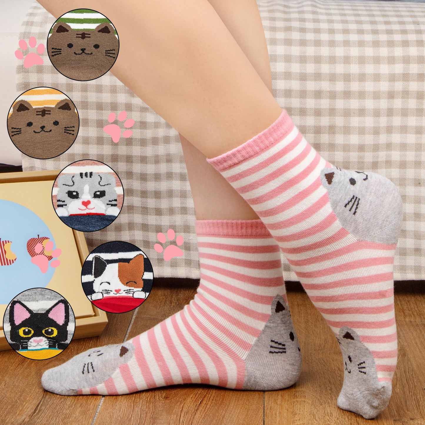 6 Pairs Women's Cute Cat Socks Gifts, Funny Novelty Animal Print Crew Cotton Socks Christmas Gifts for Women Girls