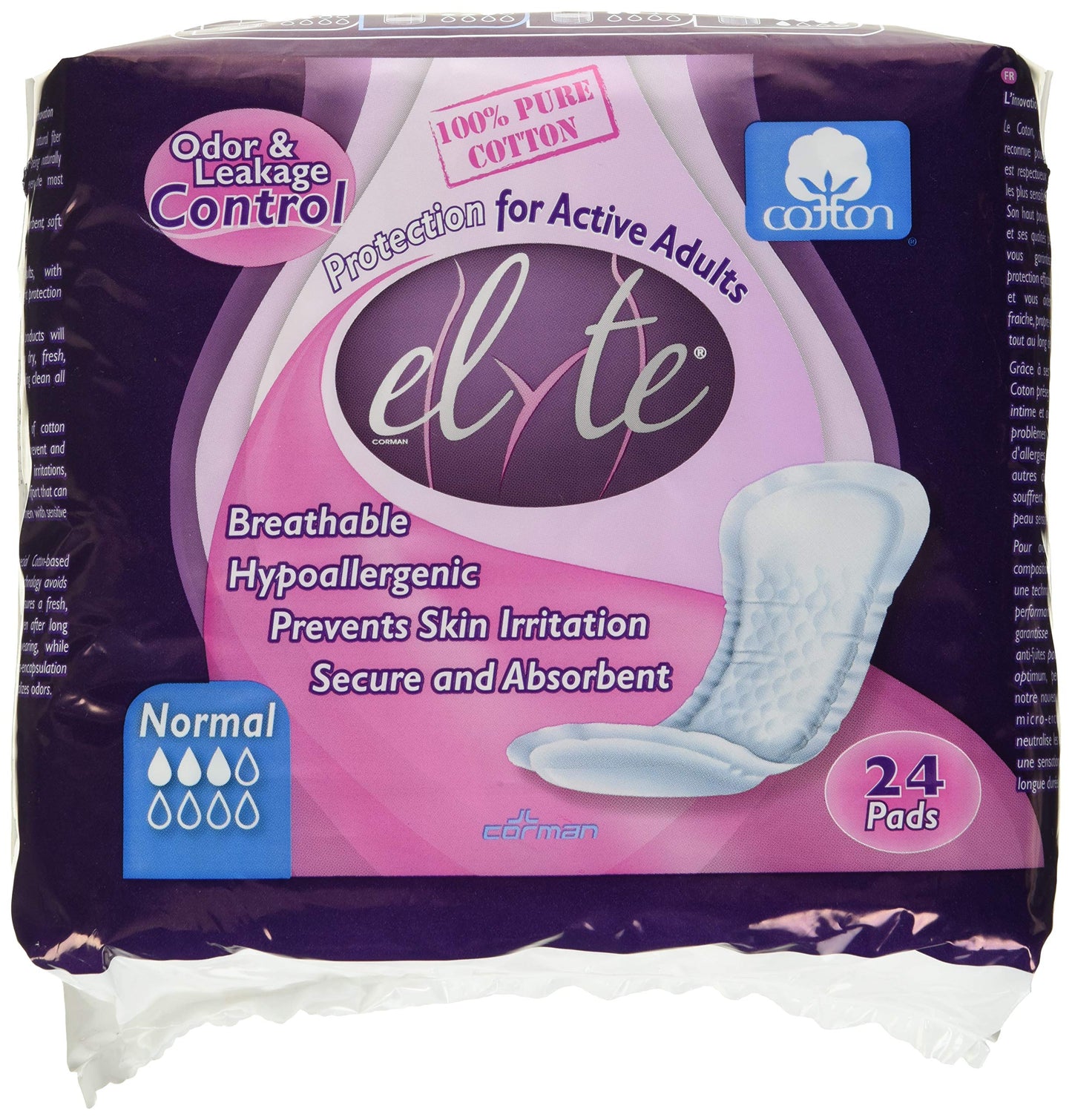 Elyte 100% Pure Cotton Bladder Control Pads-Sensitive Skin Safe, Normal, 24 Count