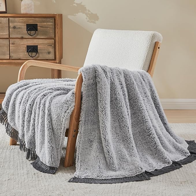 EMME Fuzzy Blanket Soft Fleece Throw Blankets for Women, Fluffy Sherpa Throws(Tassel Grey,50"x60")