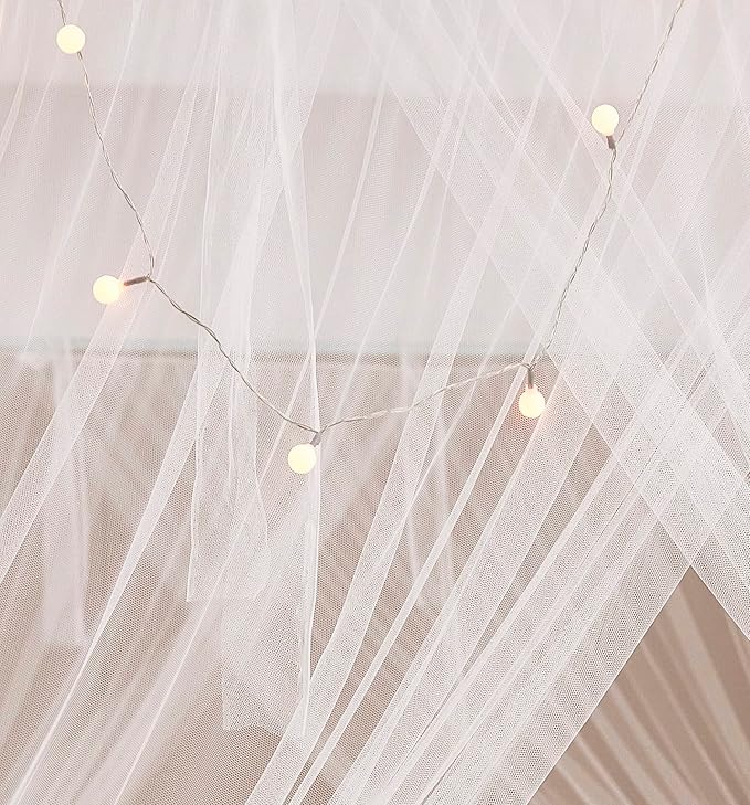 Mengersi Canopy Bed Curtains Bed Canopy with Lights for Girls, Bed Netting Unique Style 4 Door Mosquito Net for Adults Women Bedroom (White+Lights, Full/Queen)