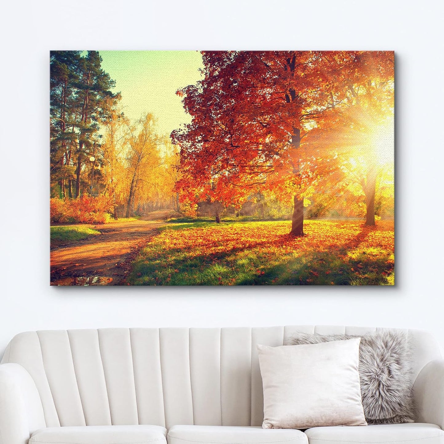 wall26 Canvas Print Wall Art Path Through Red & Orange Autumn Park Nature Wilderness Photography Modern Art Rustic Scenic Colorful Multicolor for Living Room, Bedroom, Office - 24"x36"