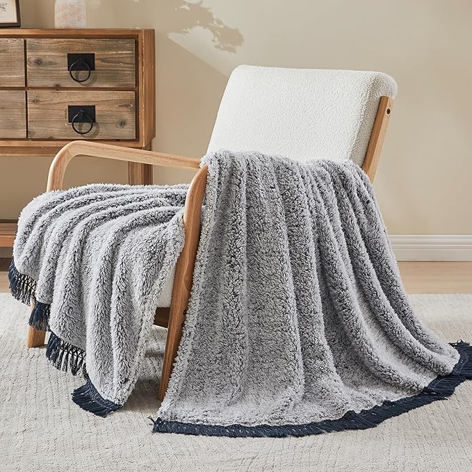 EMME Fleece Throw Blankets Soft Sherpa Plush Blankets for Couch Cozy Bed Blanket(Tassel Navy, 90"x90")