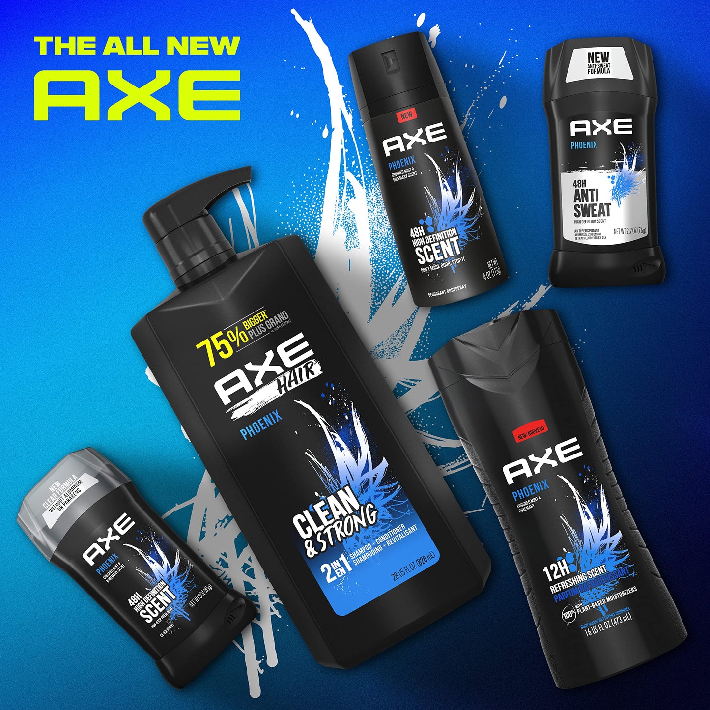 AXE Wash and Care for Clean and Strong Hair Phoenix 2-in-1 Shampoo and Conditioner Crushed Mint and Rosemary 100 percent Recycle
