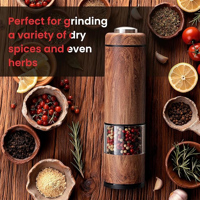 Electric Salt and Pepper Grinder Set, Automatic Salt and Pepper Grinder Set with Wood Base, Adjustable Coarseness, LED Light, One Handed Operation Electric Salt and Pepper Shakers(Wood Grain)