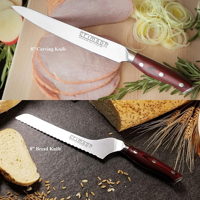 Ergo Chef CRIMSON Series Bamboo Block Knife Set Forged High Carbon X50CrMoV15 German Stainless-Steel, Full Tang, Durable G10 Handles (10pc. Block Set)