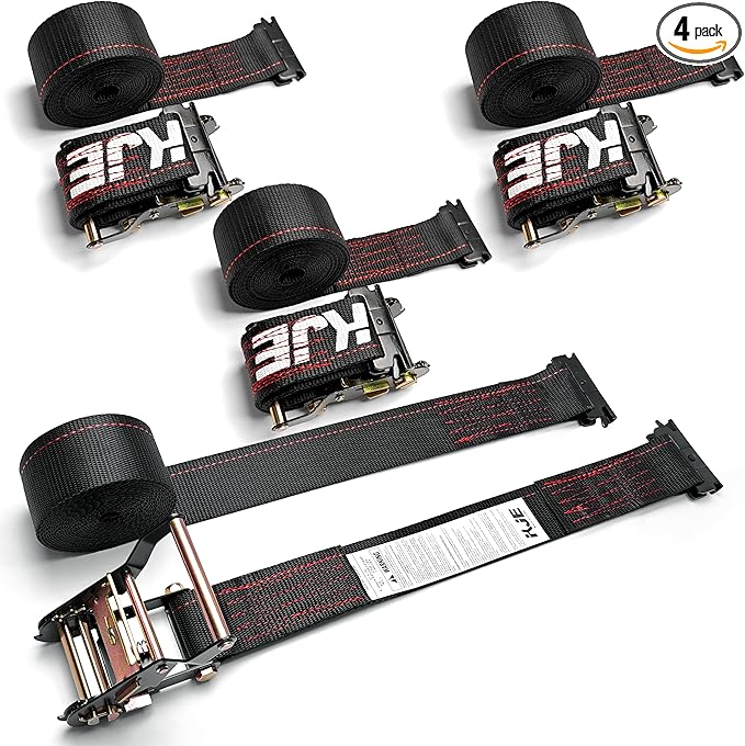 KJE E-Track Ratchet Straps, 4 Pack Black 2" x16' Heavy Duty Cargo Tie-Downs, 4500LBS Breaking Strength, Standard E Track F...