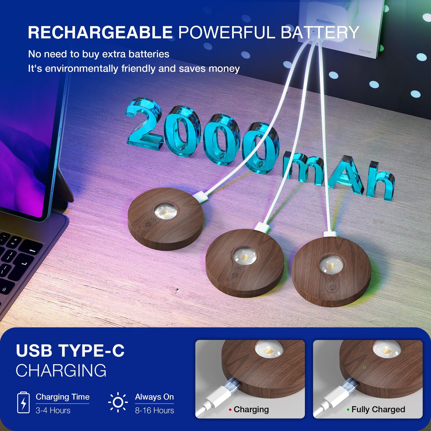 UNUSROOM Rechargeable RGB Puck Lights, 2000mAh Battery, Remote Control, Dimmable, Magnetic Mount, Dark Wood, Model T065