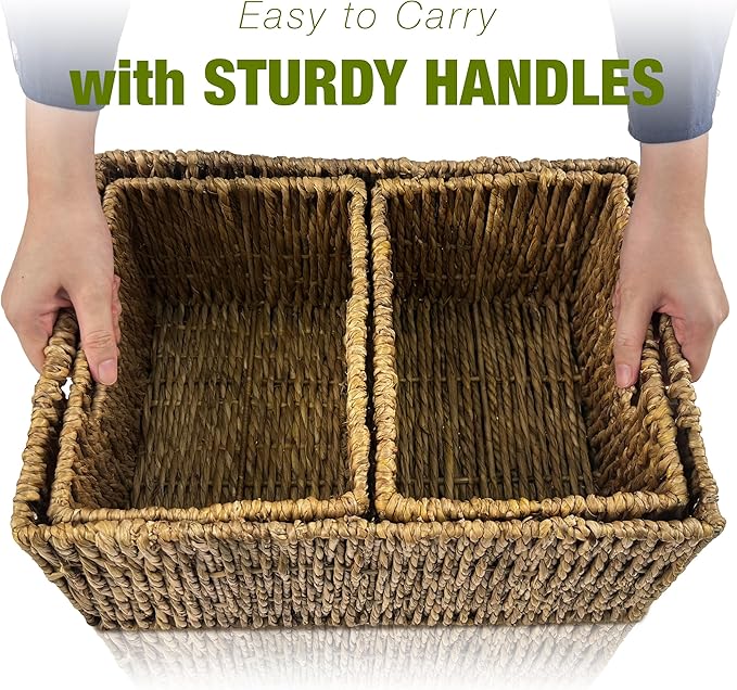 Wicker Basket Set – Stackable Storage Bins for Organizing Pantry & Kitchen – 1 Large Basket + 2 Small Baskets with Handle – Wicker Storage Baskets for Shelves & More