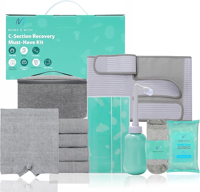 Mama & Wish® C-Section Recovery Kit Must Haves - Postpartum Essentials 12-Piece Set with Belly Binder, No-Shower Wipes, Si...