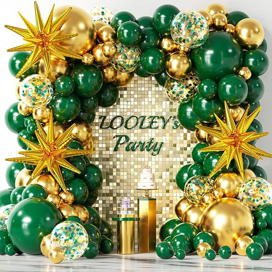 137Pcs Green and Gold Balloons Garland Arch Kit with Stars - 5 10 12 18 inch Dark Green Gold Confetti Latex Balloons for B...