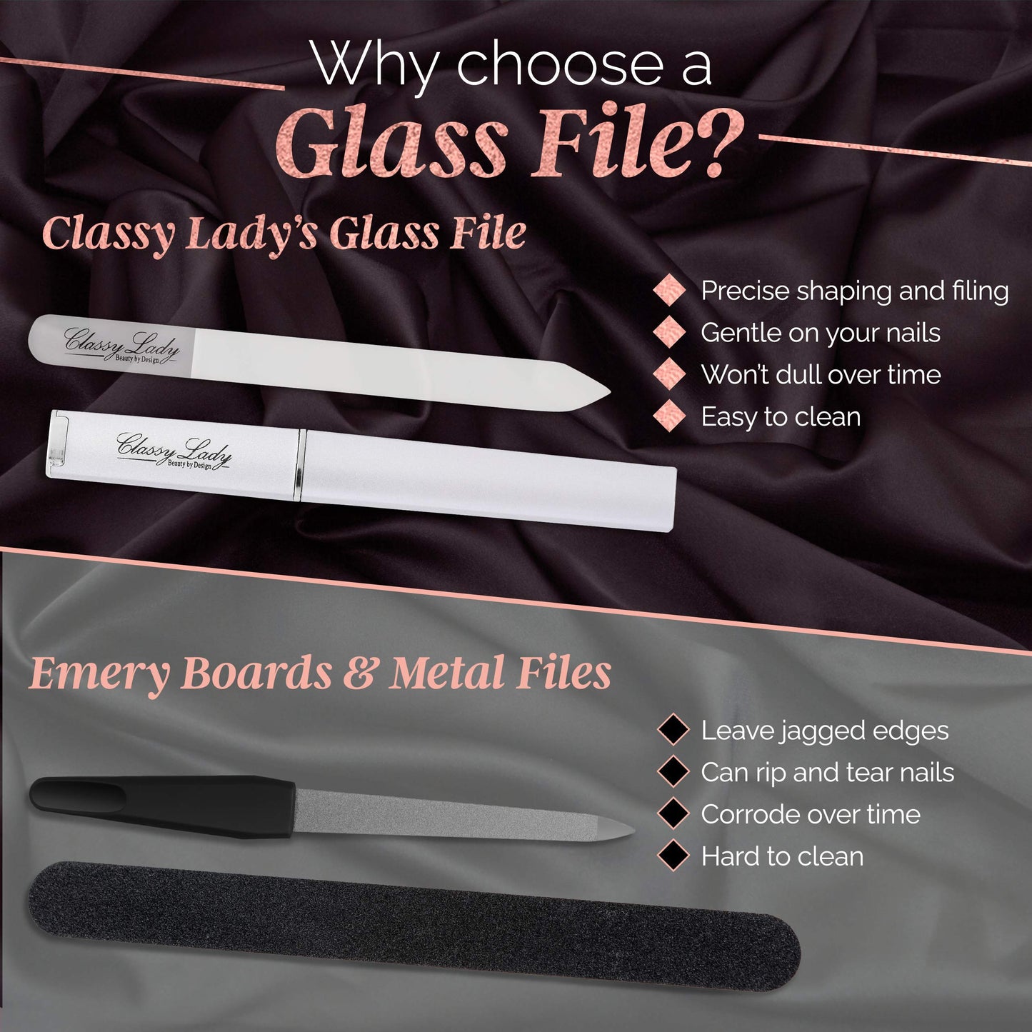 ClassyLady Glass Nail Files Crystal Nail File for Natural Nails Filing Board for Professional Fingernail Care w Case