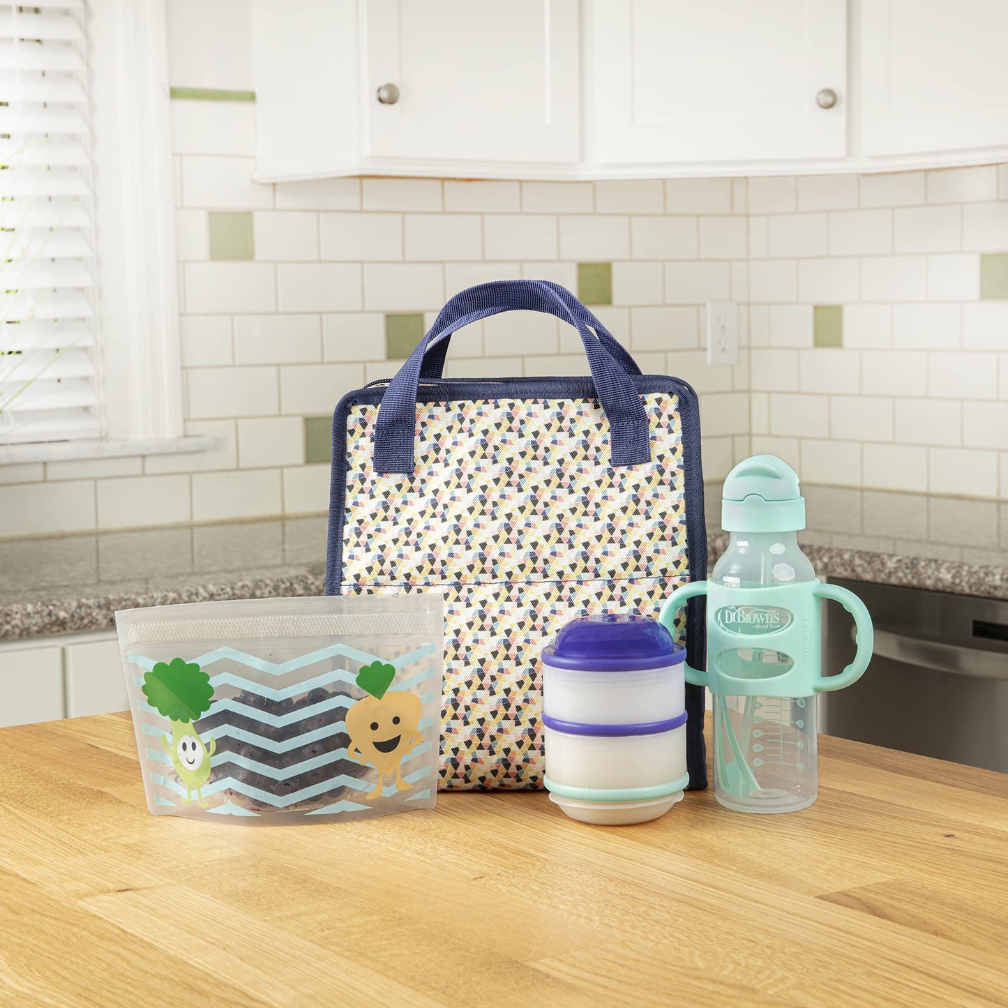 Dr. Brown's Fold & Freeze Bottle Tote, Travel Baby Bottle Insulated Cooler Bag, Store Up to 6 Baby Bottles, Geometric Multicolor, BPA Free