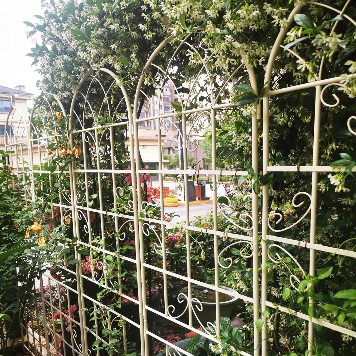 4 Pack Metal Garden Trellis for Climbing Plants, 86.7" Tall Rustproof Outdoor Trellis Panel with Vine Design, Decorative Black Iron Plant Support for Vine, Rose, Flower, Garden Wall, White