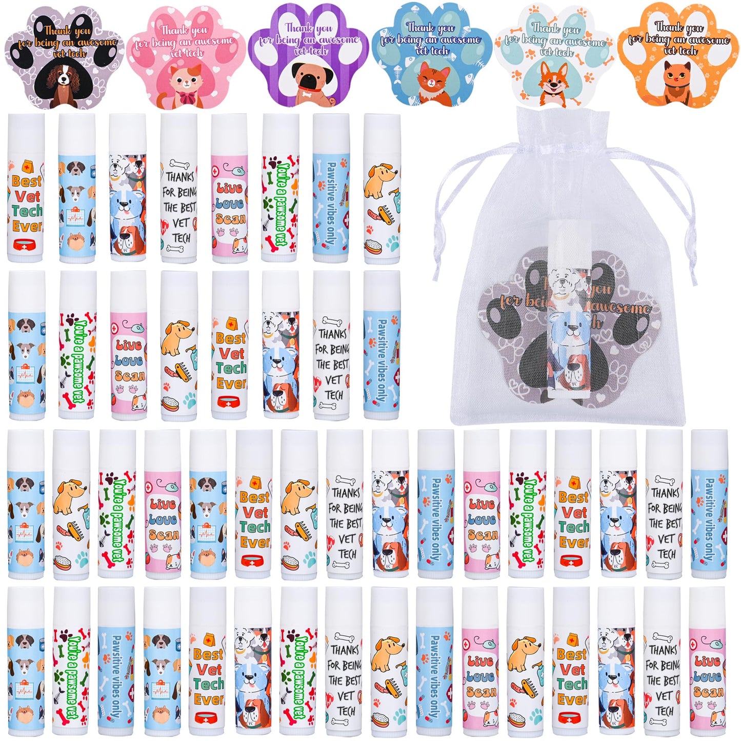 48 Pcs Vet Tech Gift Veterinary Appreciation Gifts Include Lip Balm Thank You Tag Organza Bag Veterinarian Week Gift for Veterin