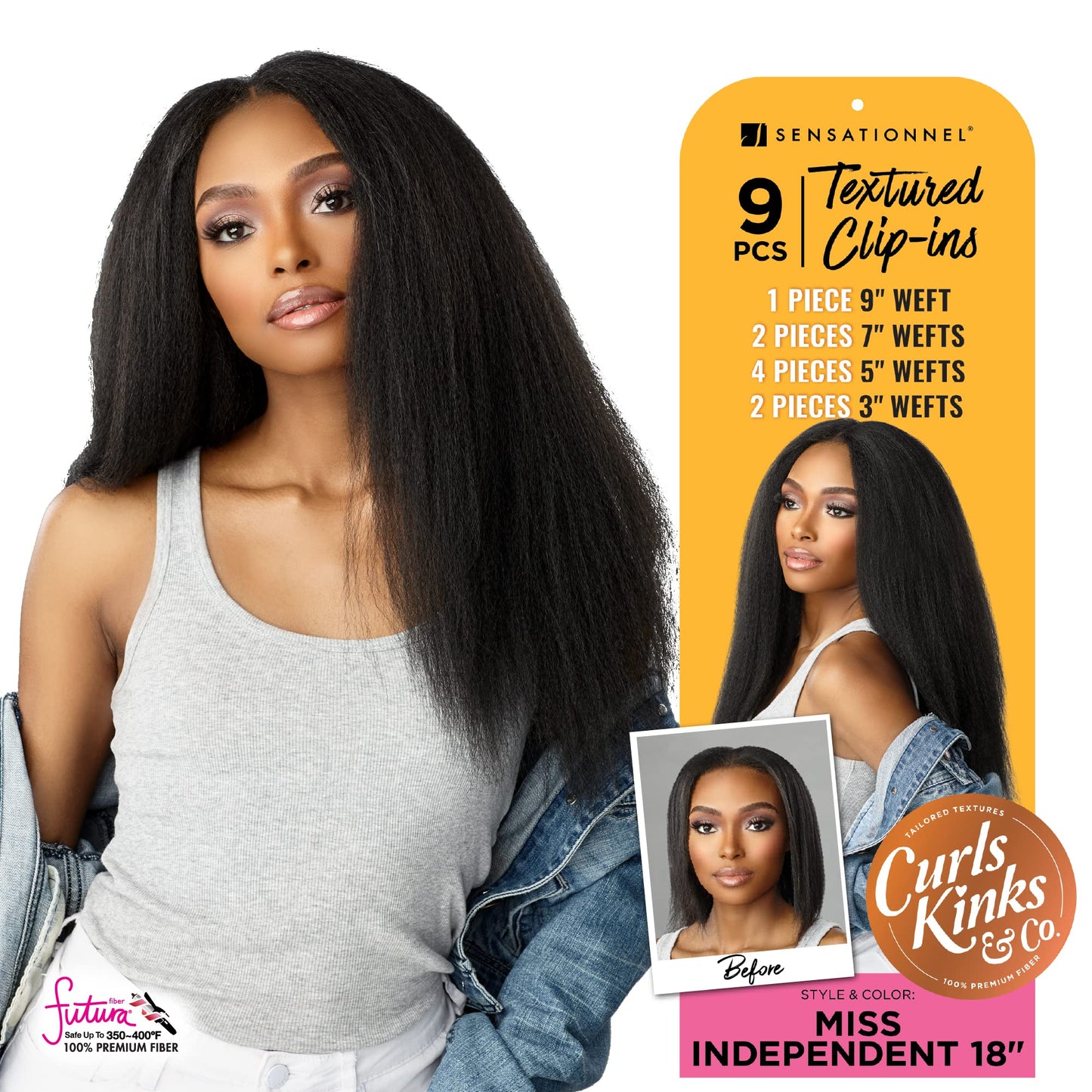Sensationnel Curls Kinksandco Clip In - Miss Independent 18 Inch 9 Piece Pack Easy to Use Clips for Natural 3C to 4C Hair (1 JET