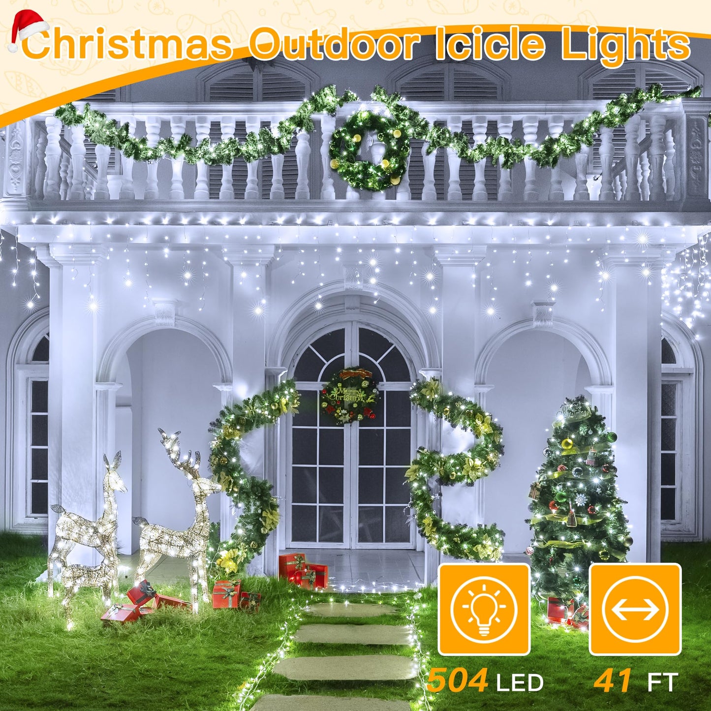 Ollny Icicle Lights 486LED, Cool White, Waterproof, 8 Modes, Remote Control, 40FT, Model HG-29V487BC