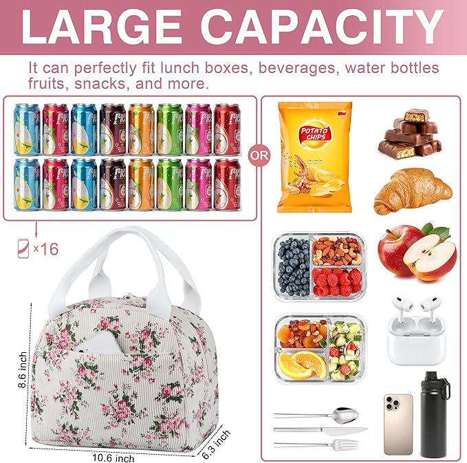 Lunch Bag - Insulated Lunch Box for Women, Reusable Large Capacity Cooler Bag for Adult, Small Leakproof Cute Corduroy Lunch Tote for Work Office Travel Picnic (Pink Flower)