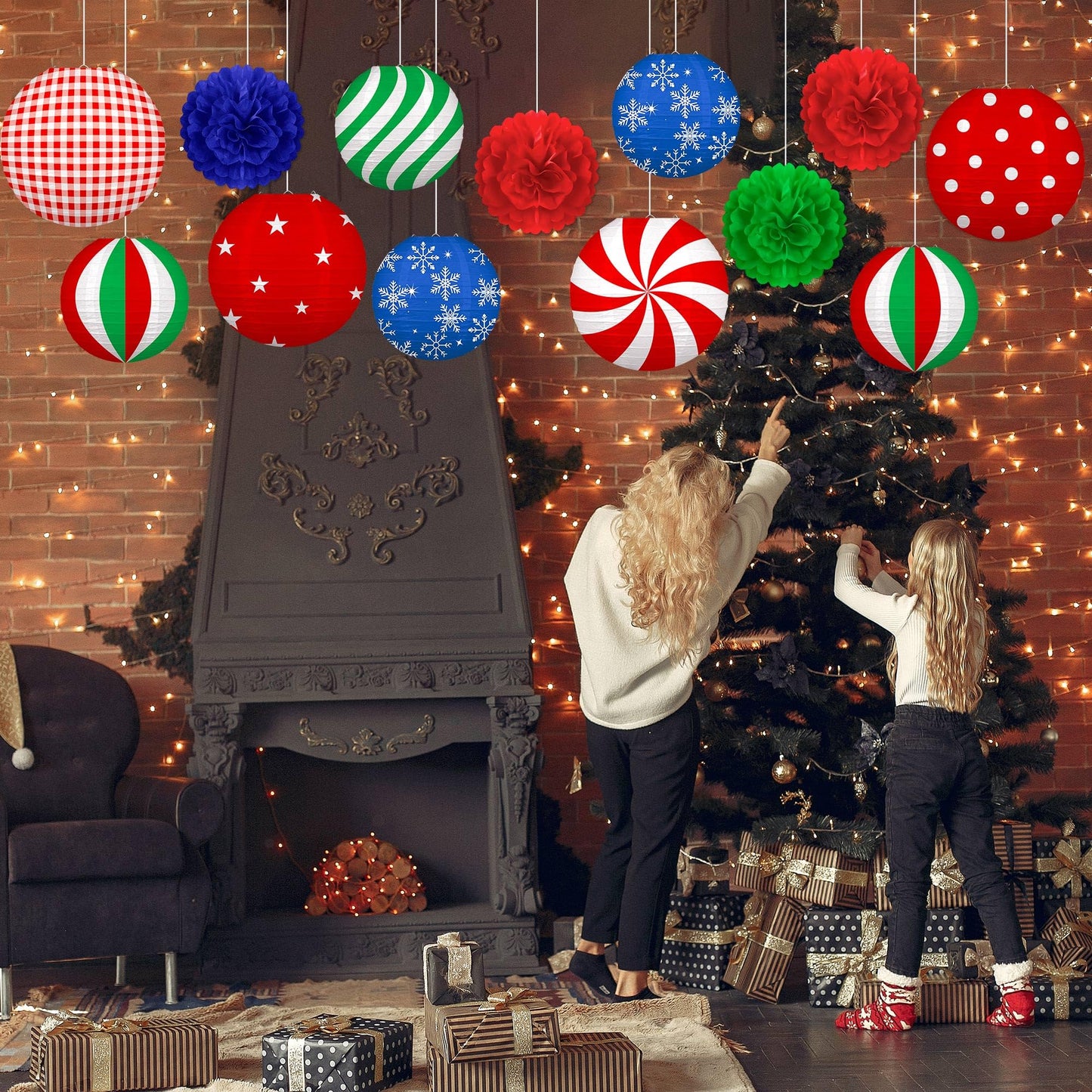 Renbuzhu 13Pcs Christmas Decorations Ornaments Set - 9 Red Green Blue Hanging Paper Lanterns  4 Pom Poms For Indoor  Home  Xmas Party  Porch Decor