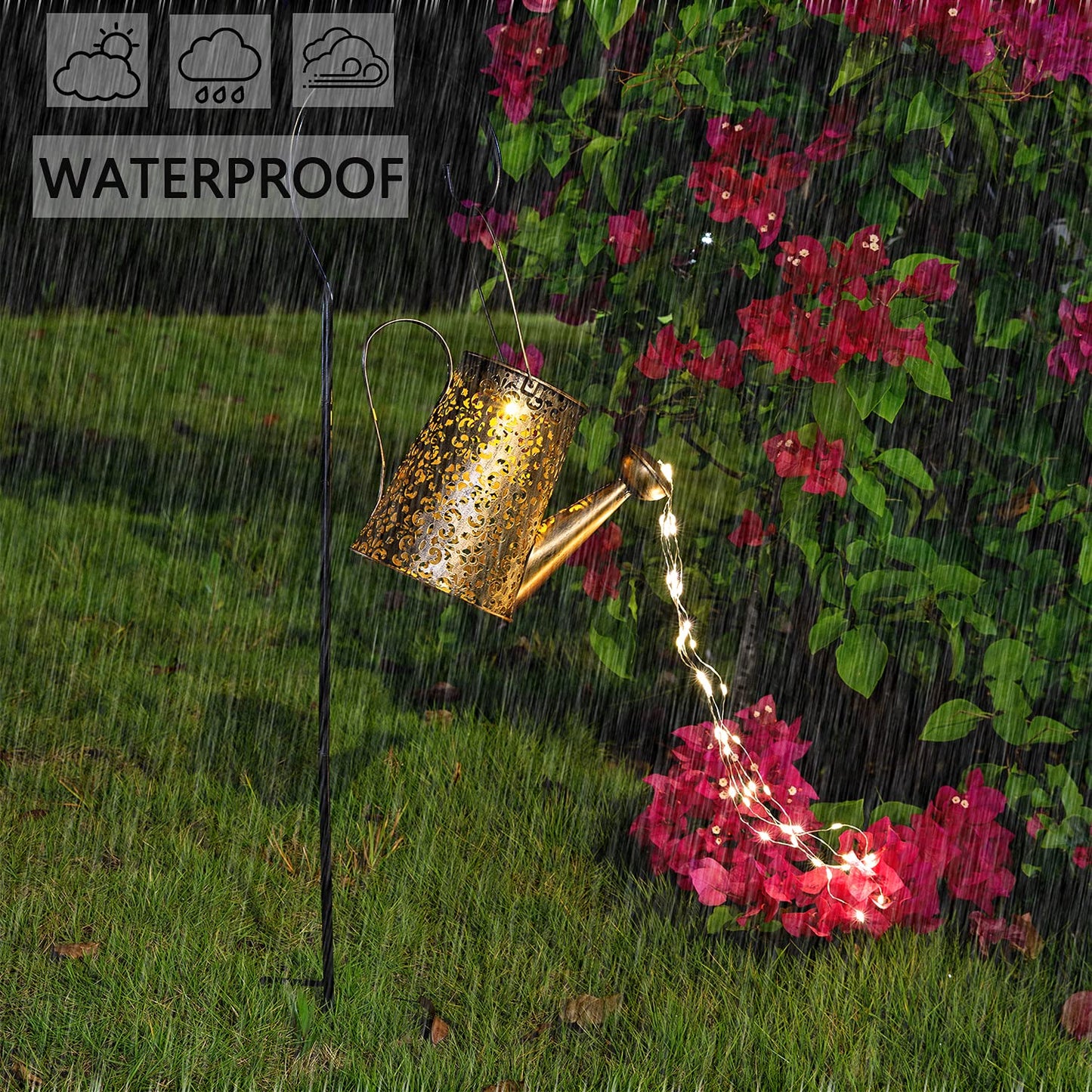 JIAJIAMEI Solar Lights Outdoor Garden Decor, Large Waterproof Iron Watering Can, Bronze