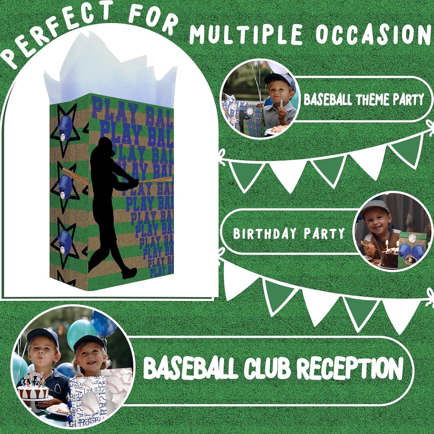 Baseball Party Favor Bags for Kids – 24 Pcs Baseball Gift Bags with 6 Designs, Paper Treat Bags for Boys Sports Theme Birthday Party Decorations Supplies