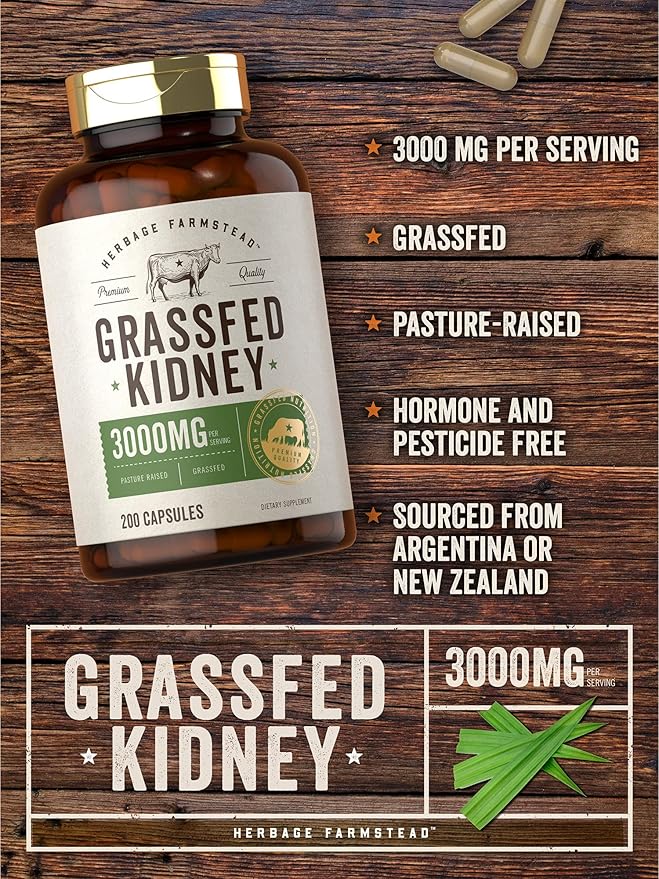 Carlyle Grass Fed Beef Kidney Supplement | 200 Capsules | 3000mg | Pasture Raised Desiccated Bovine Supplement | Hormone and Pesticide Free | Non-GMO, Gluten Free | by Herbage Farmstead