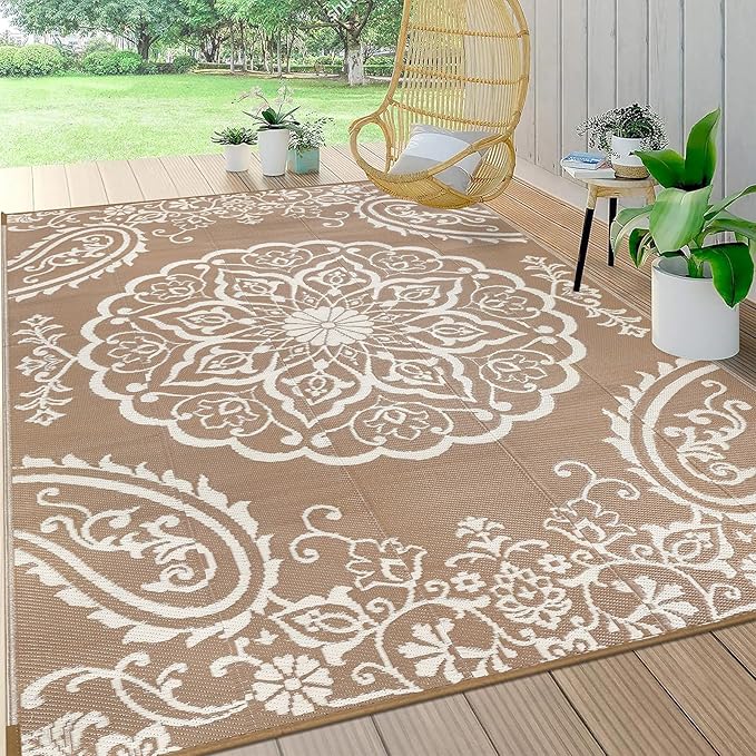 Pauwer Waterproof Outdoor Rug 5x8, Reversible Plastic Straw Patio Camping Rug, Indoor Outdoor RV Mat Carpet for Deck, Camper, Porch, Balcony, Backyard, Picnic, Boho Brown