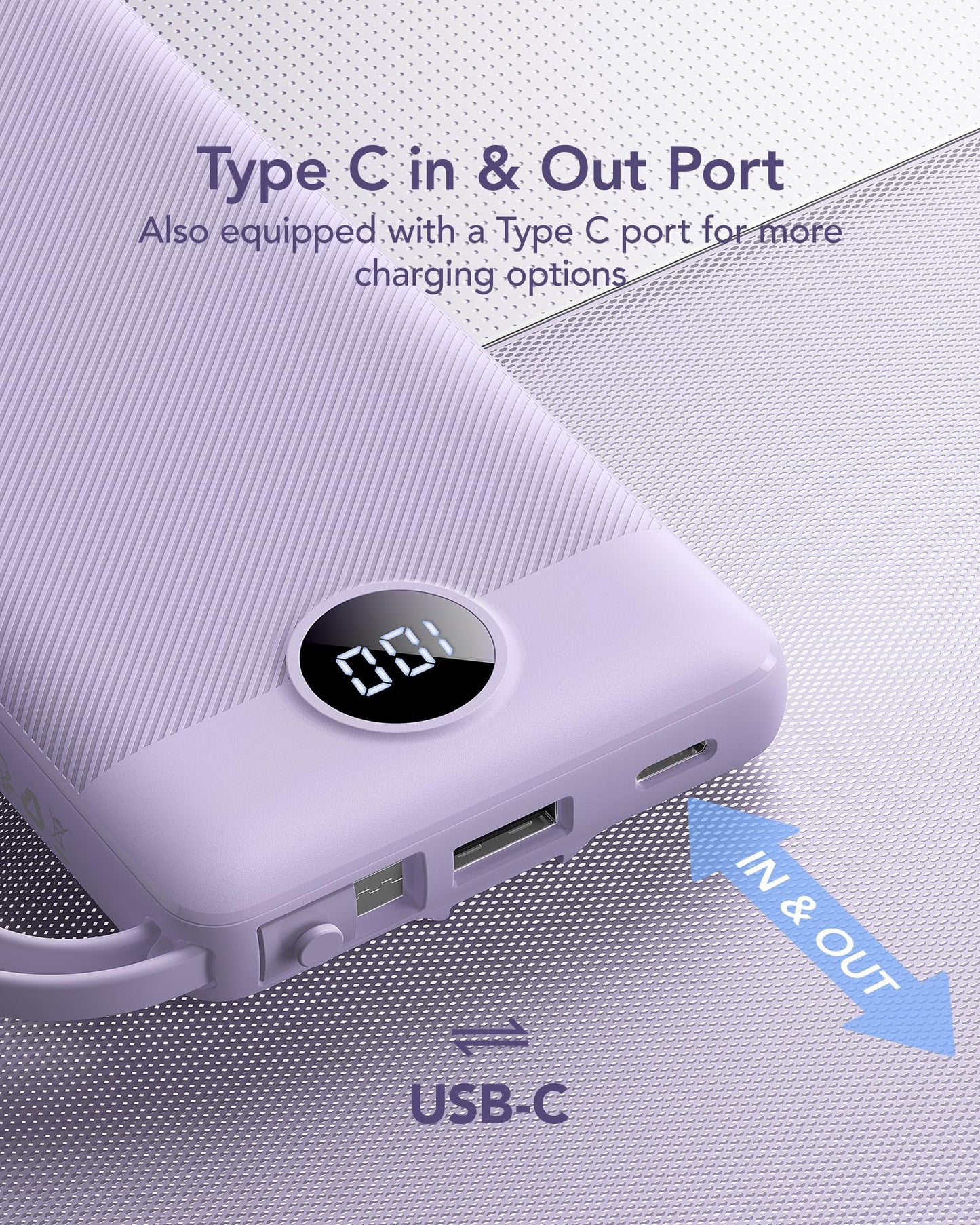 Vrurc Portable Charger Power Bank, 10000Mah Travel Essentials Battery Pack, 5 Outputs 2 Inputs Slim Charging Bank Built-In Cable