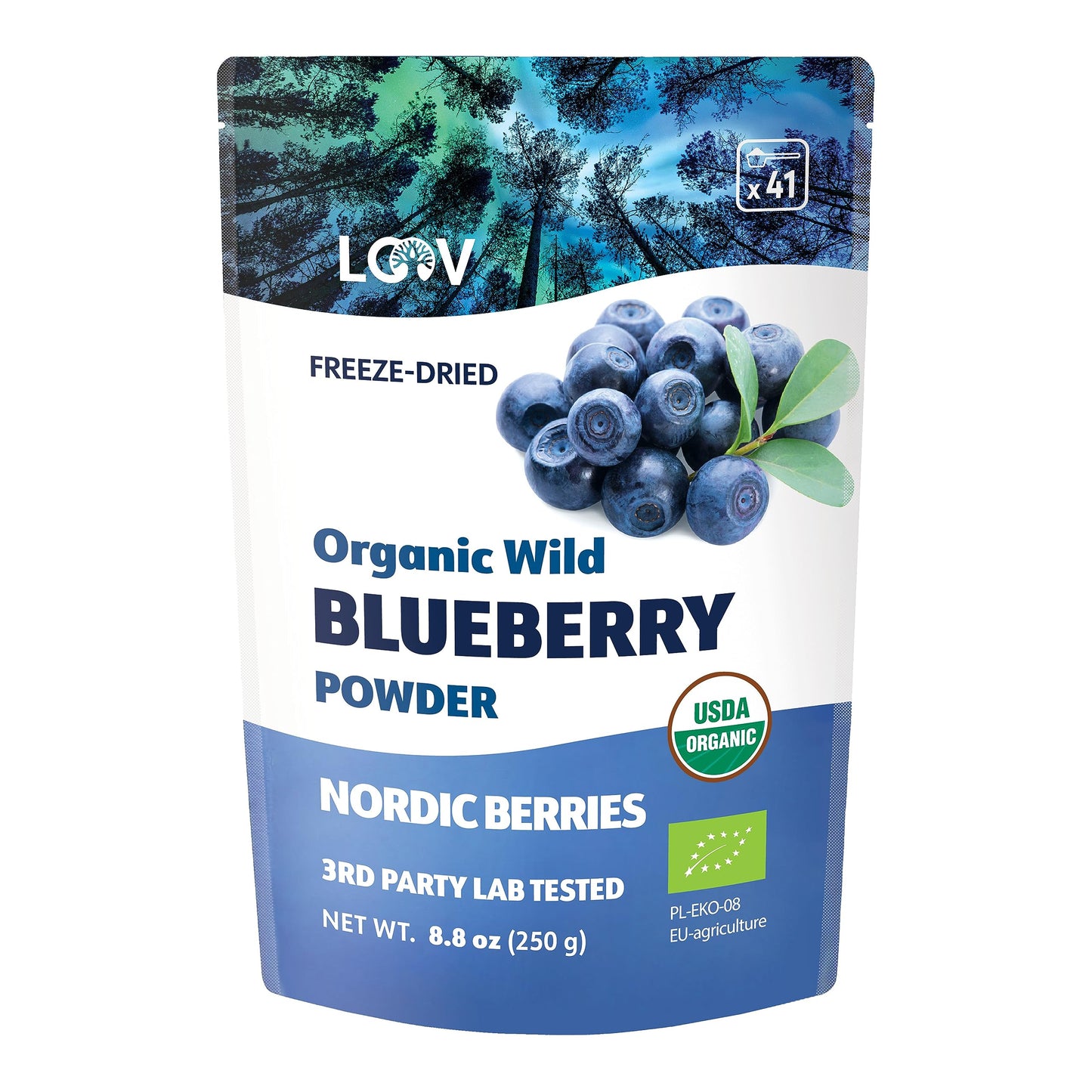 LOOV Organic Wild Blueberry Powder - 41-Day Supply, 8.8 Oz, Good for Smoothie & Breakfast, Freeze-Dried, from Northern Europe, N