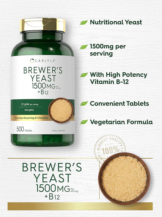 Carlyle Brewers Yeast Tablets with Vitamin B12 | 500 Count | 1500mg | Non-GMO