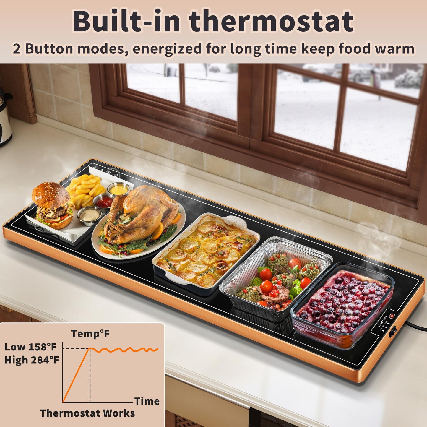 Warming Mat for Food (Extra Long 40"x12"), Electric Warming Trays for Buffets Party & Daily Use with Golden Edges, Temperature Adjustable & Full Surface Warm Tempered Glass Food Warmer Mat, Black