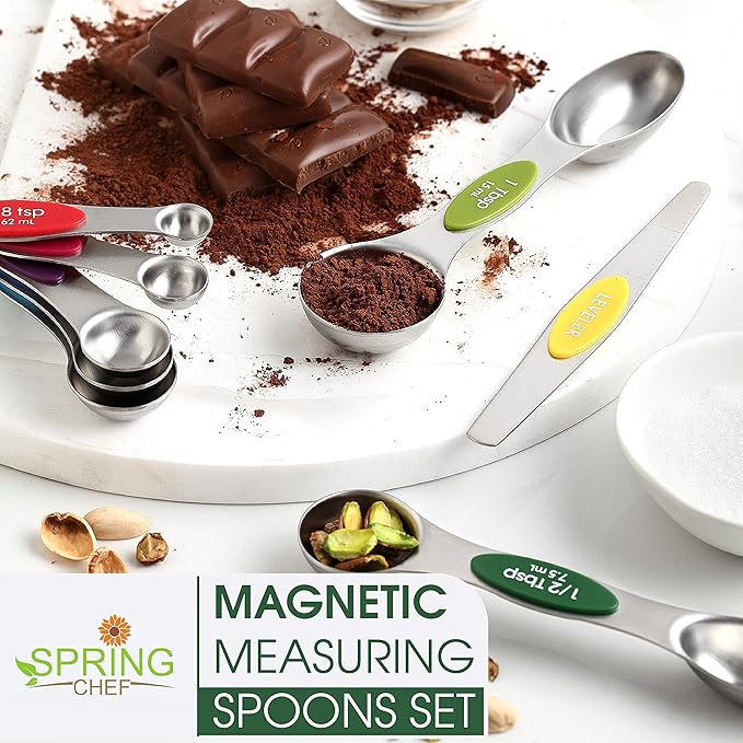 Spring Chef Multicolor Stainless Steel Magnetic Measuring Spoons Set of 8 with Leveler, Nesting Metal Teaspoon & Tablespoon Measuring Spoons, Kitchen Gadgets for Baking & Cooking - 2 Pack