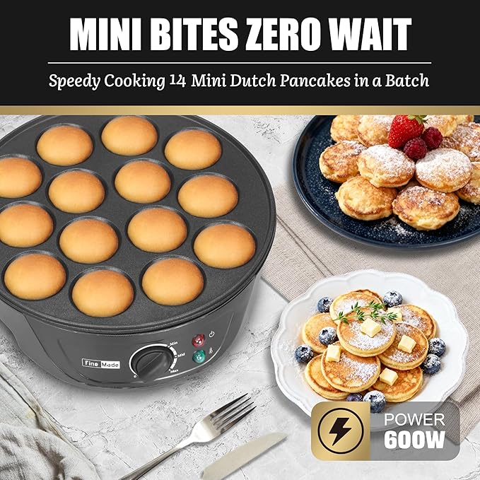 Non Stick Mini Pancakes Maker Machine, Electric Poffertjes Pan with Browning Control, Small Ebelskiver Aebleskiver Pan, Dutch Mini Pancake Maker, with Brush & Forks, 14 Slots, Black