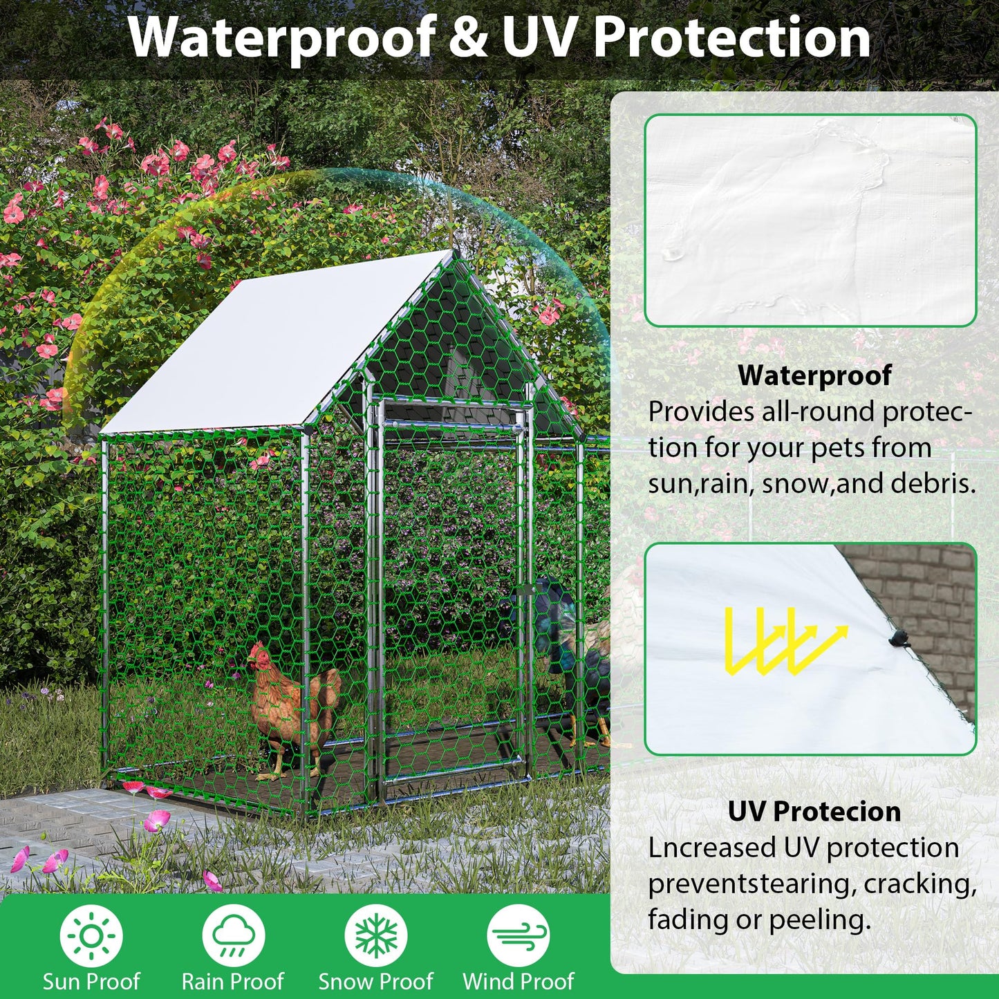 KEIKI Large Metal Chicken Coop, Metal Chicken Run with Waterproof Cover, Farm Poultry Run Hutch Hen House, Outdoor Walk-in Chicken Pen for Poultry Duck Rabbit, 16.33ft x 3.52ft x 4.97ft