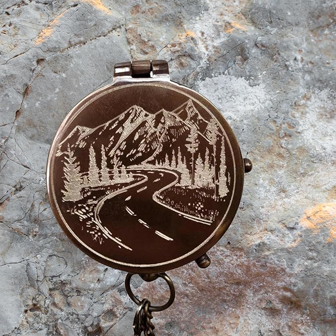 Antique Brass Compass with Leather Case - Mountains & Roads Engraved Pocket Compass for Men - Genuine Leather Pouch Stamped with 'For Your Adventures' - Vintage Gift for Husband, Father & Son