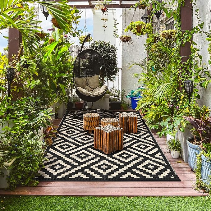 GENIMO Outdoor Rug for Patio Clearance,9'x12' Waterproof Large Mat,Reversible Plastic Camping Rugs,Rv,Porch,Deck,Camper,Balcony,Backyard (Black & Beige)