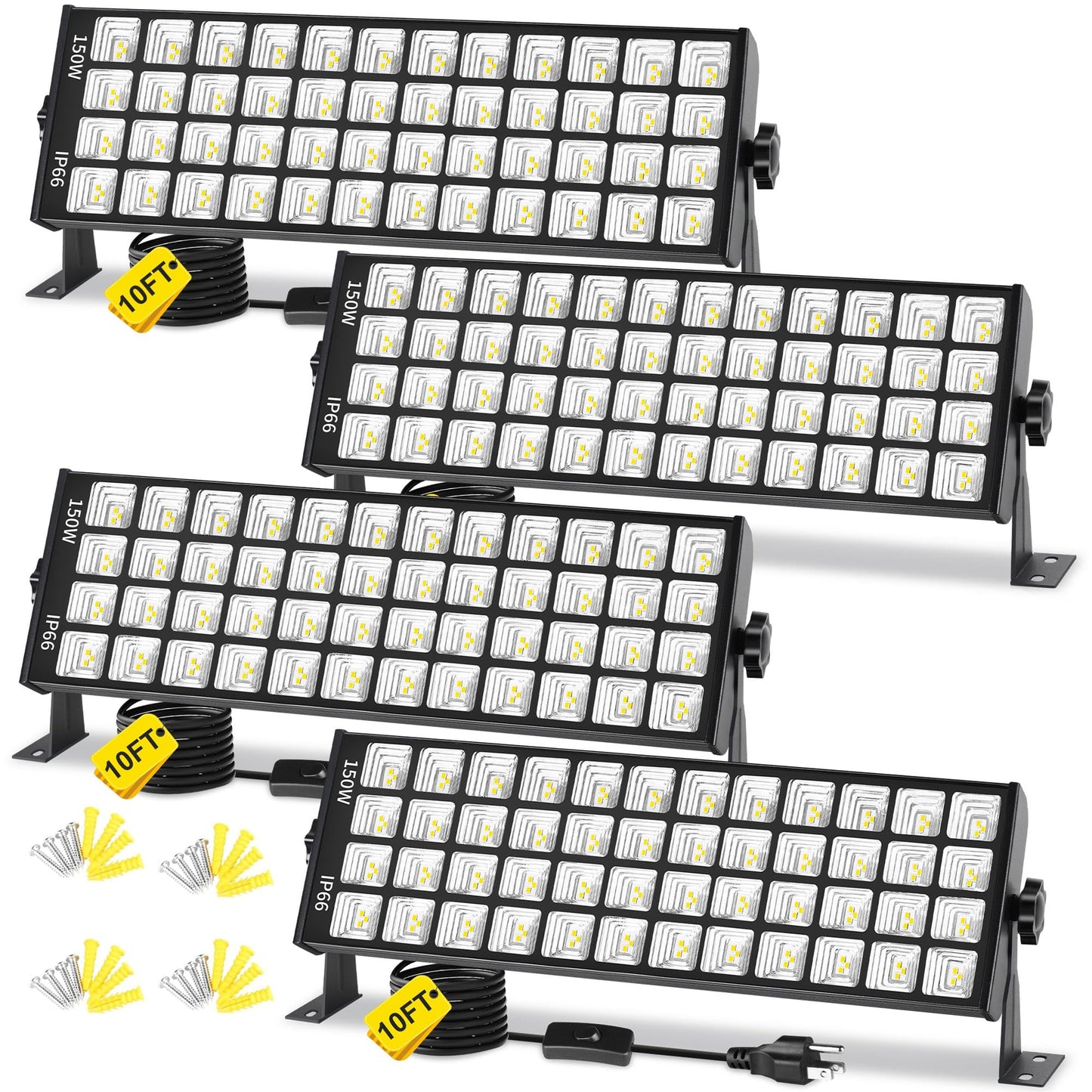 Yqnlifa 150W Led Shop Light  18000Lm 6000K Daylight White Super Bright  Ip66 Waterproof Garage Light With On/Off 10 Ft Cord Bay Lighting For Workshop Yard Garage Warehouses Yard 4 Pack